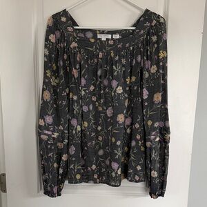 LC Lauren Conrad Black Floral Square-Neck Peasant Blouse